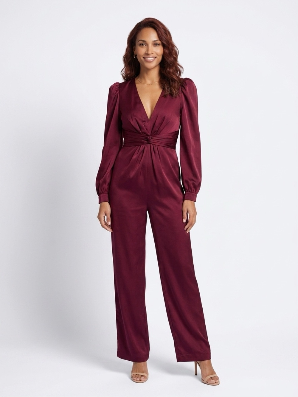 Satin V-Neck Burgundy Long-Sleeve Jumpsuit